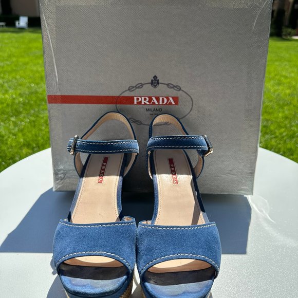 PRADA 3XZ170 Blue Suede Peep Toe Platform Wedge Espadrille Heel Sandals-39.5/9.5 - Picture 6 of 7